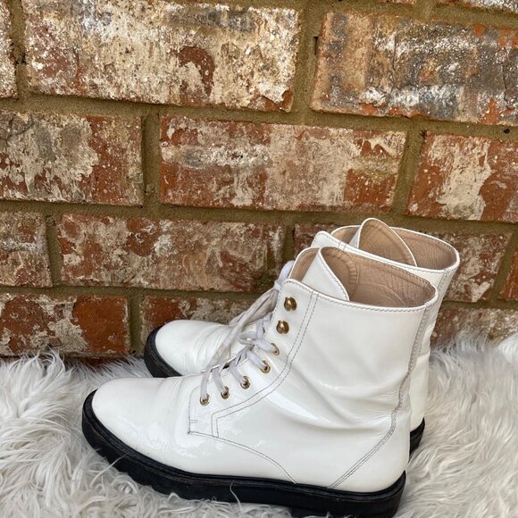 Stuart Weitzman White Glossy Lace-up Leather Ankle Combat Boots Size 7.5B - Picture 5 of 7